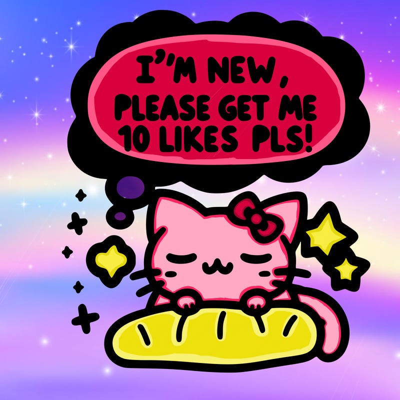 kitty taking a nap dream talking and saying "i'm new, please get me at least 10 likes pls!!"