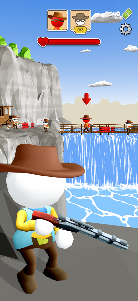 Western Sniper: Wild West FPS - 滝の近くでライフルを持ったスティックマンのカウボーイが登場するWestern Sniperのゲームプレイシーン