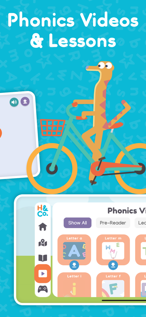 Hooked on Phonics app interface showing various phonics video lessons and letter activities for kids