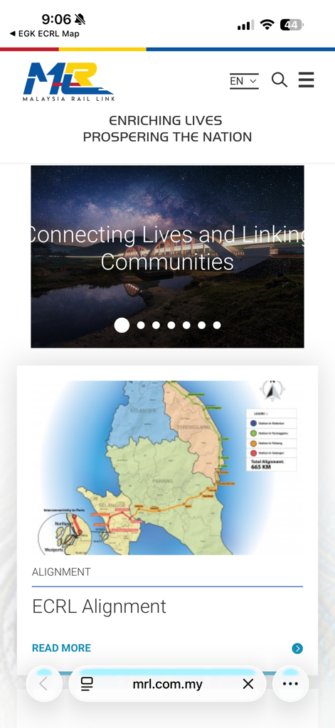 EGK ECRL Map - Screenshot of the Malaysia Rail Link website showing the ECRL alignment map and regional connectivity