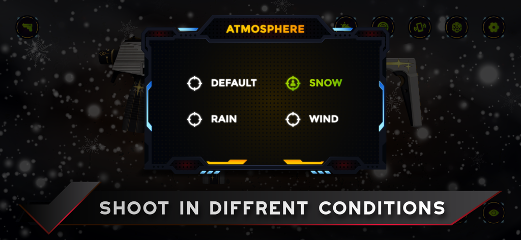 Real Gun Sounds Simulator. - Menú de configuración de atmósfera en Simulador de Sonidos de Armas Reales que muestra opciones de nieve, lluvia y viento.