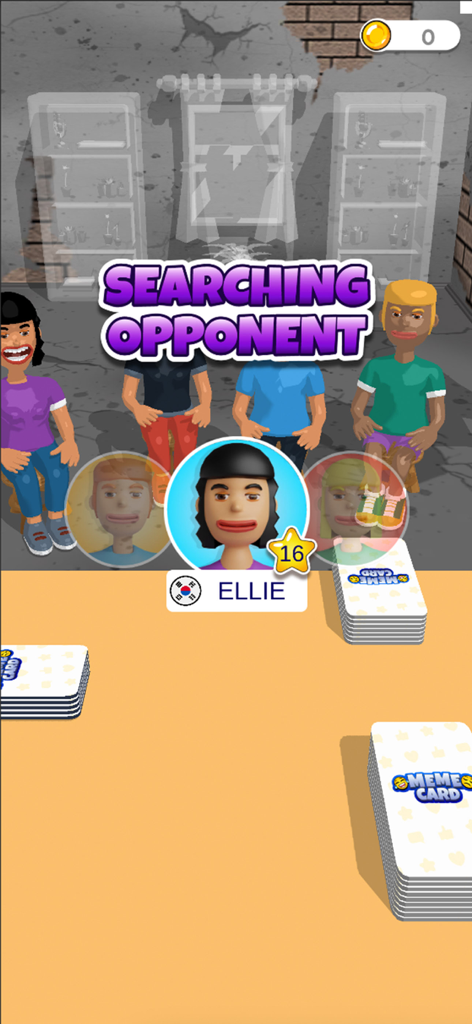 Meme Challenge-Funny Card Game - Pantalla de matchmaking de búsqueda de oponente en el juego móvil Meme Challenge con personajes animados