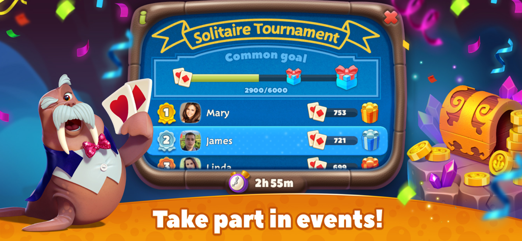 Undersea Solitaire Tripeaks - Undersea Solitaire Tripeaks tournament leaderboard screen with a walrus character and player rankings.