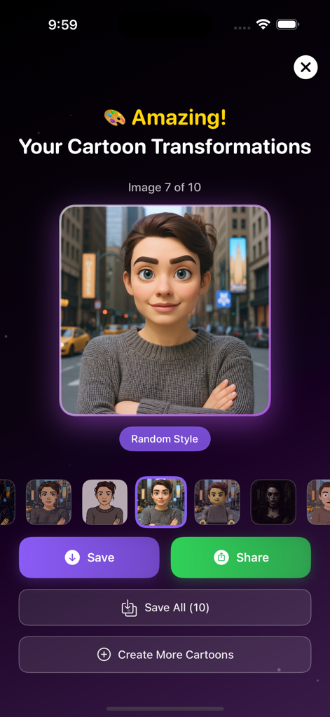Cartoonify Me - Cartoonify Me app showing multiple AI generated cartoon styles and a 3D animation avatar result