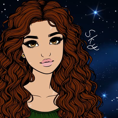 realistic girl with curly long hair and a pretty face