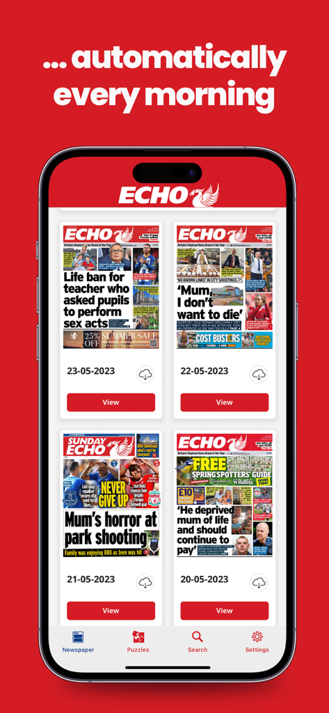 Liverpool Echo Newspaper - Pantalla de smartphone que muestra la interfaz de la aplicación Liverpool Echo Newspaper con una cuadrícula de ediciones digitales diarias recientes disponibles para ver y descargar.