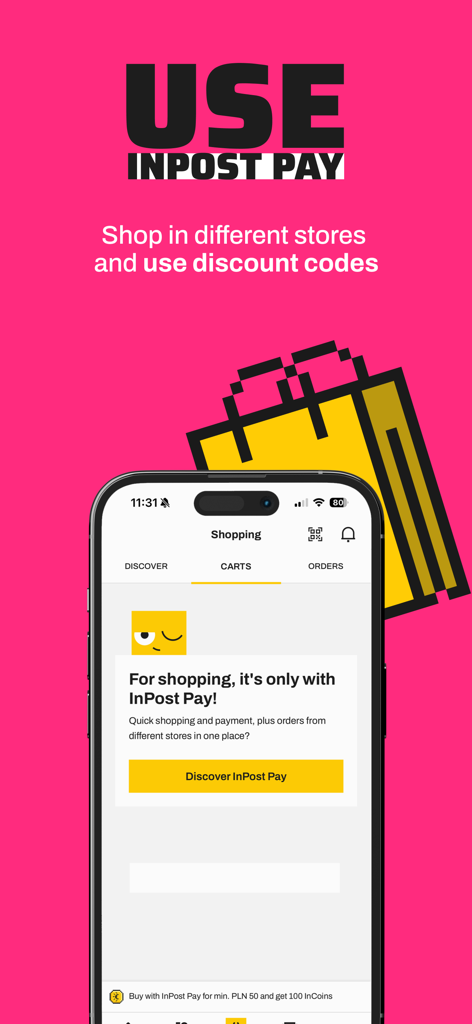 여러 상점에 걸쳐 빠른 쇼핑 및 결제를 위한 InPost Mobile 앱의 InPost Pay 기능을 보여주는 휴대폰