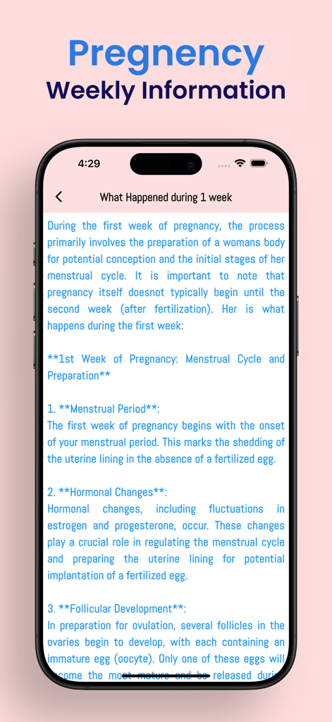 Pregnancy - Baby Tracker App - Pantalla informativa sobre la primera semana de embarazo en la aplicación Rastreador de Bebés