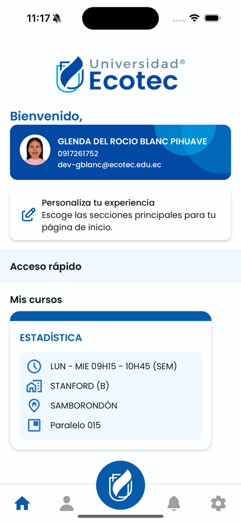 Ecotec NBS+ - Dashboard of the Ecotec NBS plus app showing student profile and statistics course details