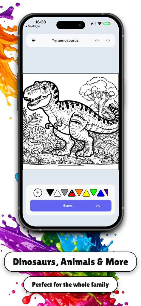 Coloring Book: Paint & Art - Una interfaz móvil que muestra una página para colorear de dinosaurio Tyrannosaurus en la aplicación Libro de Colorear