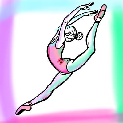 gymnast doing a leap in a leotard with a bent back leg