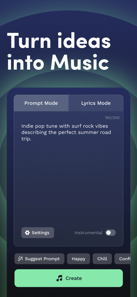Interfaz de la aplicación móvil Harmo AI que muestra el modo de indicación para crear una canción pop indie a partir de una descripción de texto.