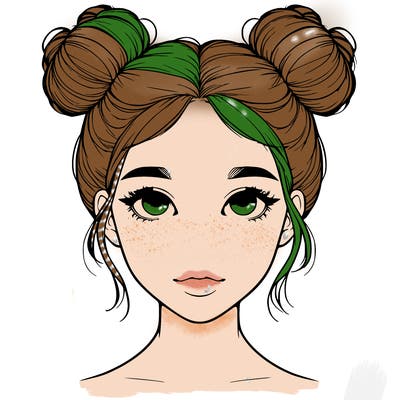 realistic girl with two buns on top of her head
