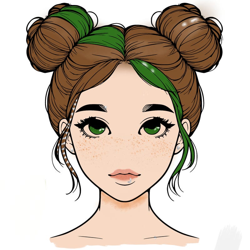 realistic girl with two buns on top of her head