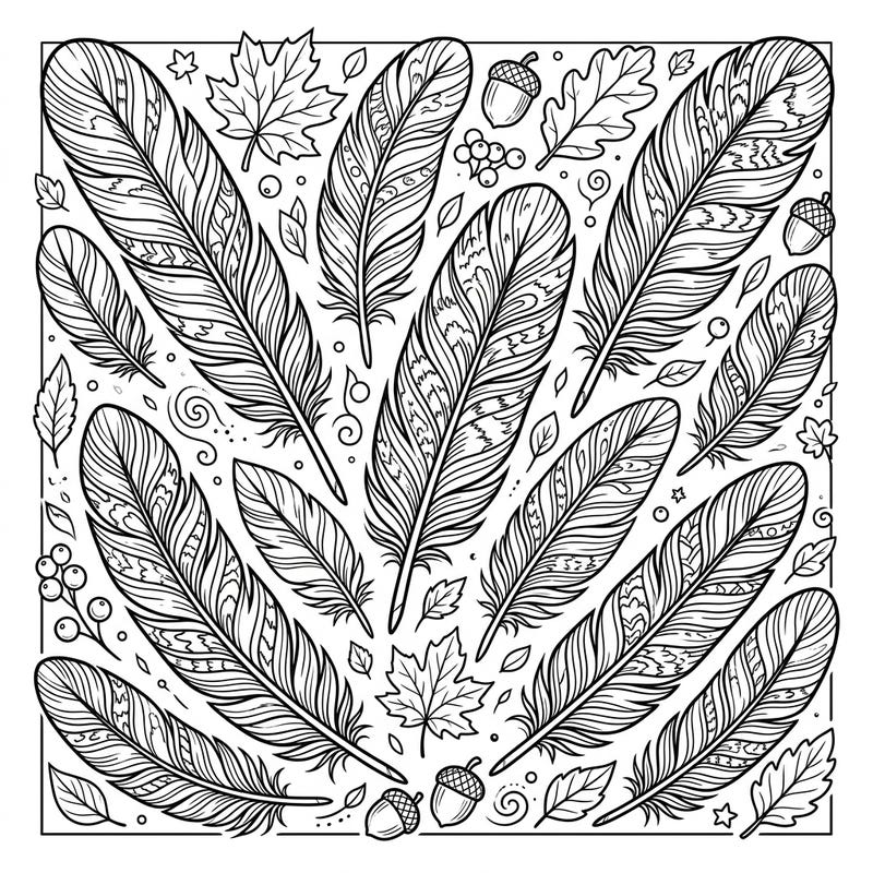 Dive into the spirit of autumn with this captivating coloring page, showcasing a rich tapestry of intricately designed turkey feathers intertwined with classic fall elements. Perfect for bringing the warm hues of the season to life with your own creative touch.