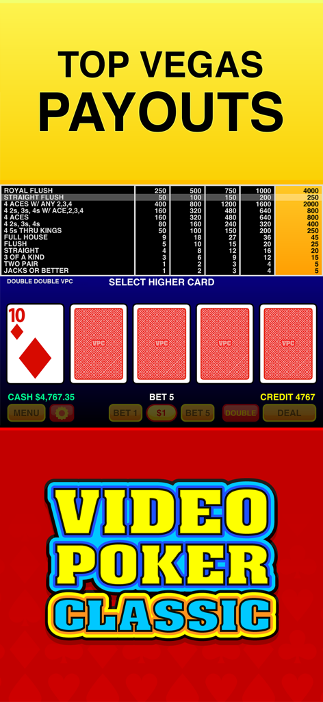 ベガスの配当表とカード選択のゲームプレイを表示するVideo Poker Classicモバイルアプリ