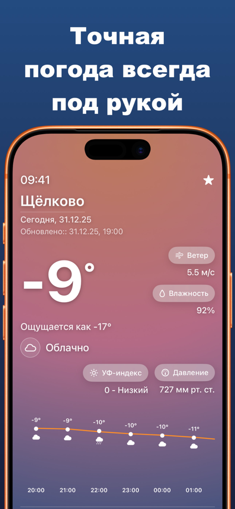 Weather Scope - Interfaz de la aplicación Weather Scope en iPhone mostrando una temperatura de menos nueve grados Celsius y detalles del clima por hora.