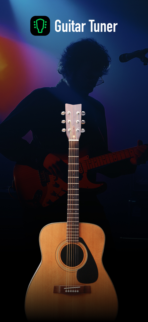 Guitar Tuner – Precision - Pantalla de la aplicación Afinador de Guitarra Precisión con una guitarra acústica y la silueta de un músico en el escenario.