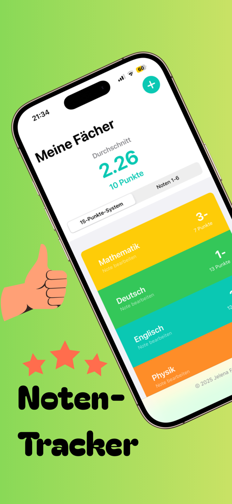 '성적 추적기 평균 계산기 앱'이라는 제목의 모바일 앱 인터페이스로, 색상으로 구분된 성적과 계산된 평균 점수가 있는 학업 과목을 표시합니다.