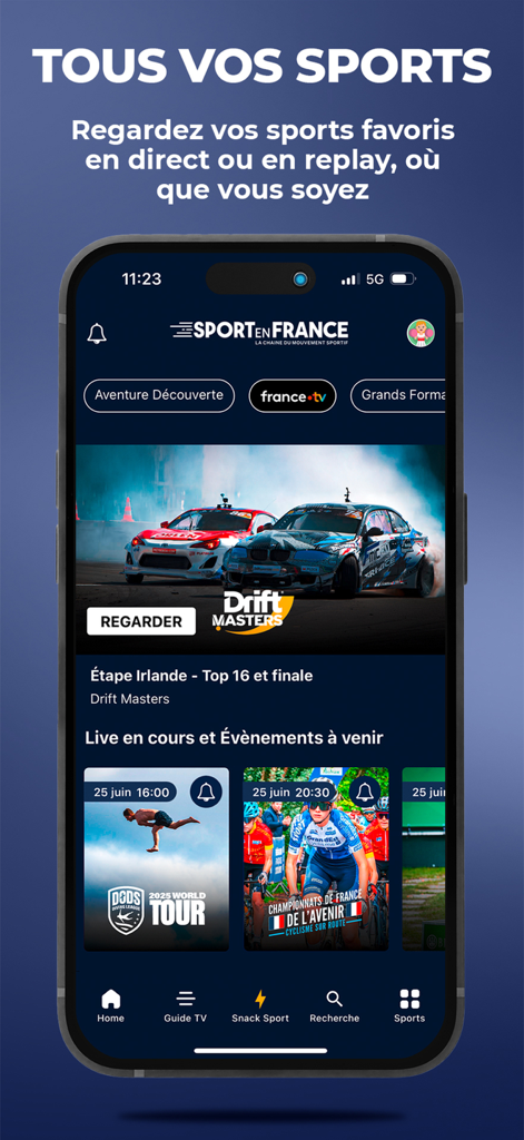 Sport en France - Sport en Franceモバイルアプリのインターフェース。ライブスポーツストリーミングカテゴリと注目のイベントが表示されています。