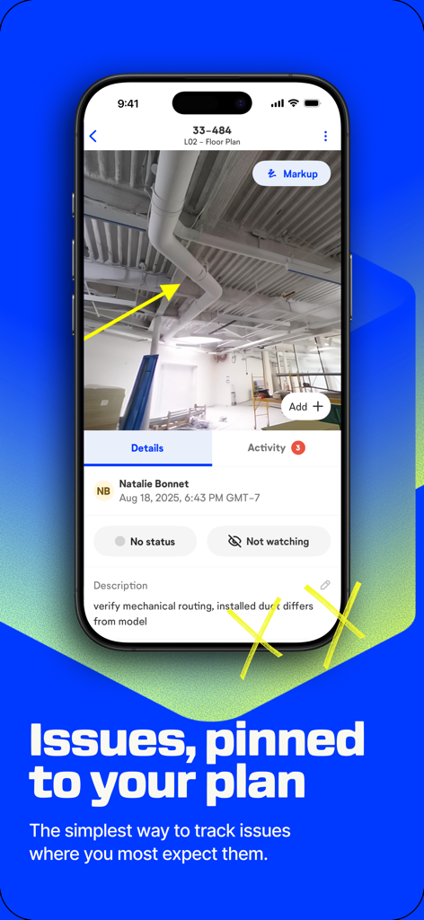 Interface of the OpenSpace app showing a construction issue pinned to a site photo for tracking.
