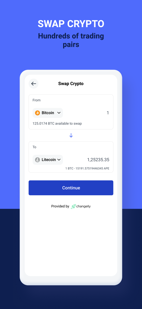 Interfaz de la aplicación móvil BitPay para intercambiar Bitcoin por Litecoin