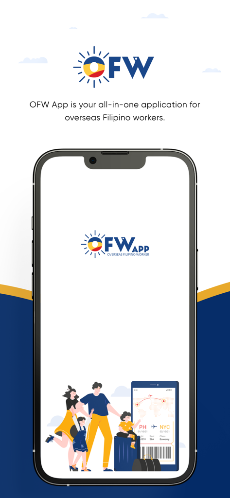 OFW App - OFW App splash screen showing the logo and a family travel illustration