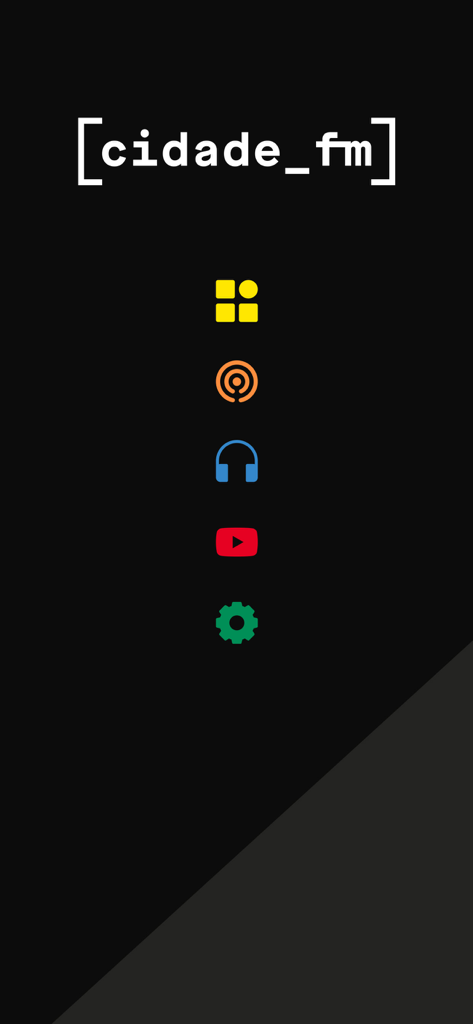 Menu principal da aplicação Cidade FM mostrando ícones coloridos para rádio, podcasts e definições num fundo escuro.