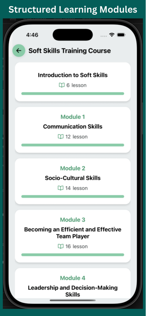 Mobile screen showing the PakSoftSkills app interface with a list of soft skills training modules including communication and socio-cultural skills