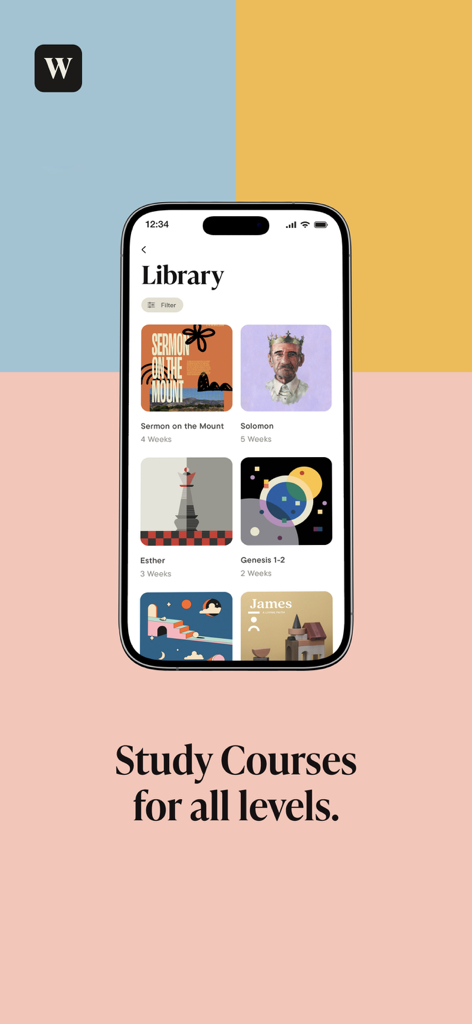WordGo: The Bible Study App - WordGo app library screen displaying structured Bible study courses for various difficulty levels.