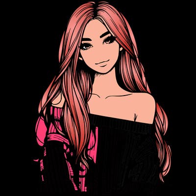 realistic girl with long hair wearing an off the shoulder sweater