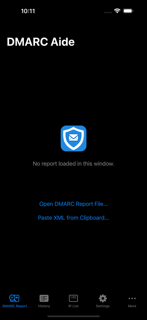 DMARC Aide - DMARC Aide app dashboard showing options to load a report or paste XML data