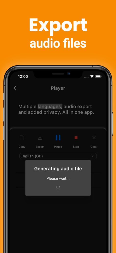 Tela de smartphone do aplicativo TTS mostrando uma mensagem para gerar um arquivo de áudio com o cabeçalho exportar arquivos de áudio