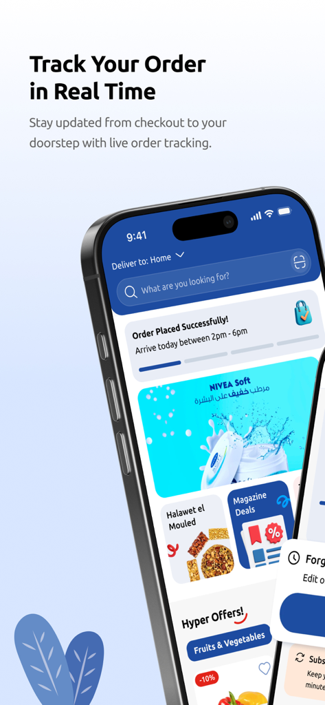 Hyperone - Hyperone app interface showing real time order tracking and shopping deals