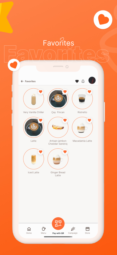 Gloria Jean's Coffees Türkiye - Favorites screen of the Gloria Jeans Coffees mobile app showing saved coffee drinks and snacks.
