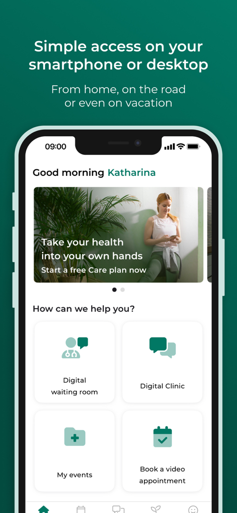 Home screen of the Meliva Digital Clinic app showing video appointment and digital clinic options