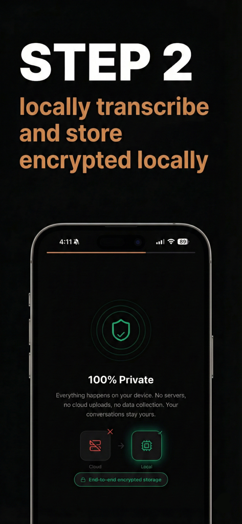 Viska: Local AI Meeting Notes - Viska app screen showing 100 percent private local transcription and encrypted storage features