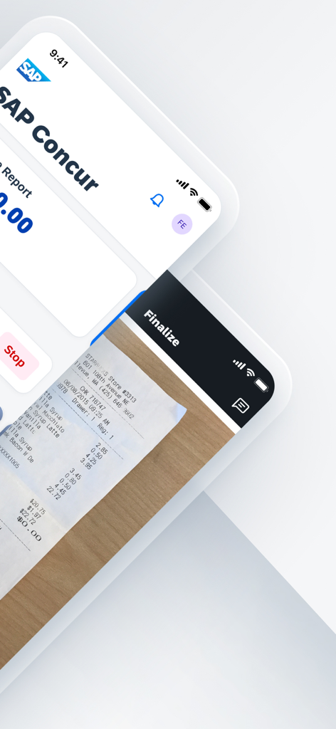 SAP Concur mobile app interface showing a paper receipt being scanned for an expense report
