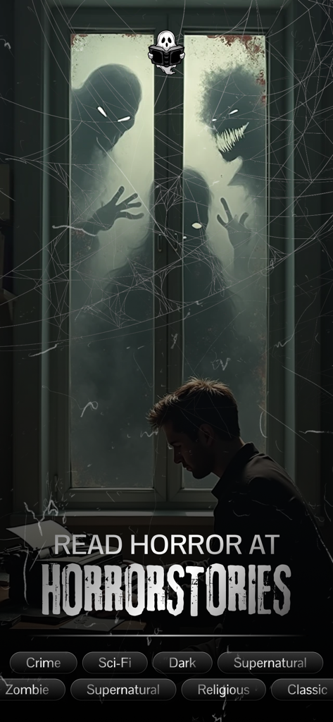 Horror Stories Library - Interface do aplicativo Horror Stories mostrando uma sala escura com figuras assustadoras do lado de fora de uma janela e tags de gênero como Sobrenatural e Zumbi.