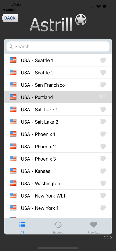 List of Astrill VPN server locations in the United States including Seattle San Francisco and New York