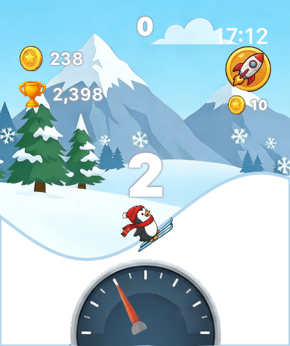 Penguin character skiing down a snowy mountain slope with game UI elements