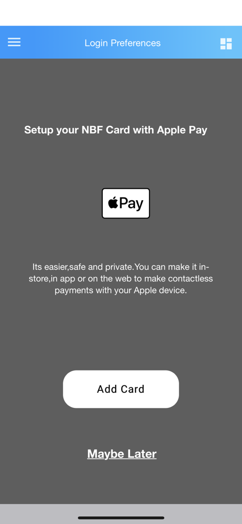 Setup NBF card with Apple Pay screen in the NBF Corporate Access mobile app