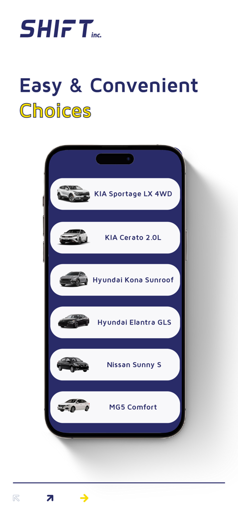 스마트폰 화면: SHIFT 앱 차량 선택, KIA 및 Hyundai와 같은 다양한 차량 모델 표시