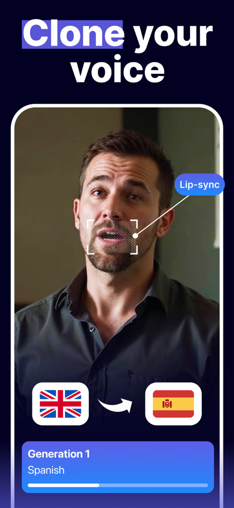 Dub AI: Video, Voice Changer - Dub AI app interface showing voice cloning and automatic lip-syncing for video translation into Spanish