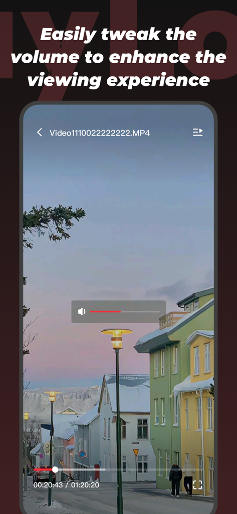 고화질 동영상 콘텐츠 위에 볼륨 조절 슬라이더를 보여주는 PlayLoad 앱 동영상 플레이어 인터페이스