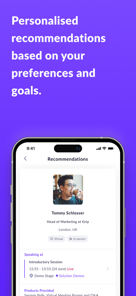 Blockworks Live - Blockworks Live app screen showing personalized networking recommendations for professional event attendees.