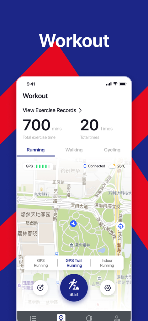 Alpha Smart Watch - Alpha Smart Watch app workout screen showing GPS running map and exercise statistics