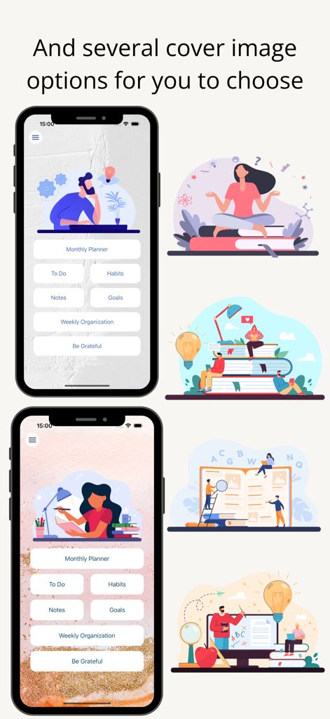 MyMind Diary - Interfaz de la aplicación MyMind Diary que muestra varias opciones de imágenes de portada estéticas y diseños de temas.