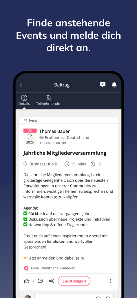 Bildschirmaufnahme der beUnity App, die eine Jahreshauptversammlung mit Details und einer Registrierungsschaltfläche anzeigt