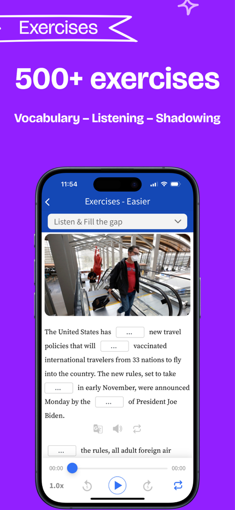 Una pantalla de aplicación móvil que muestra un ejercicio de inglés de Escuchar y Rellenar los huecos basado en artículos de noticias actuales